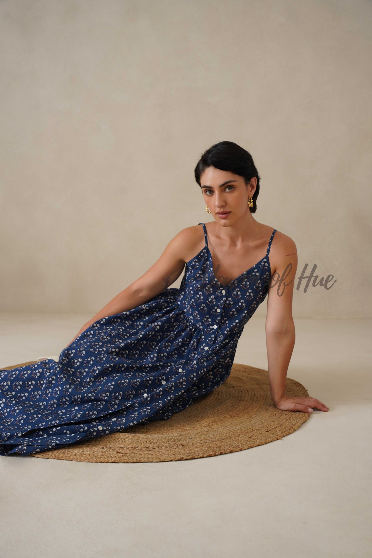 Navy Floral Cotton Dress | Sleeveless Button Down Midi Dress