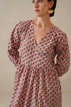 Cotton Midi Dress Summer Boho Floral Print, Dusty Rose Long Sleeve Tiered Dress
