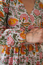 Cotton Midi Dress Summer Boho Floral Print, White and Orange Block Print Sundress