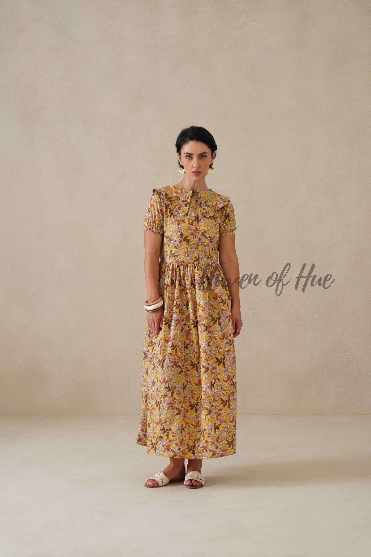 Yellow Floral Cotton Dress | Boho Summer Midi Dress for Women