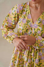 Cotton Midi Dress Summer Boho Floral Print, Yellow Block Print Sundress