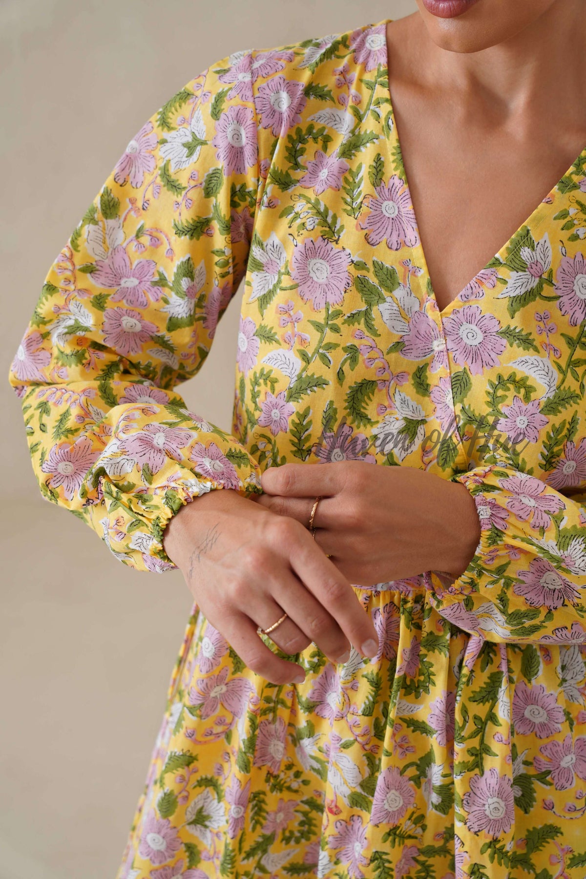 Cotton Midi Dress Summer Boho Floral Print, Yellow Block Print Sundress