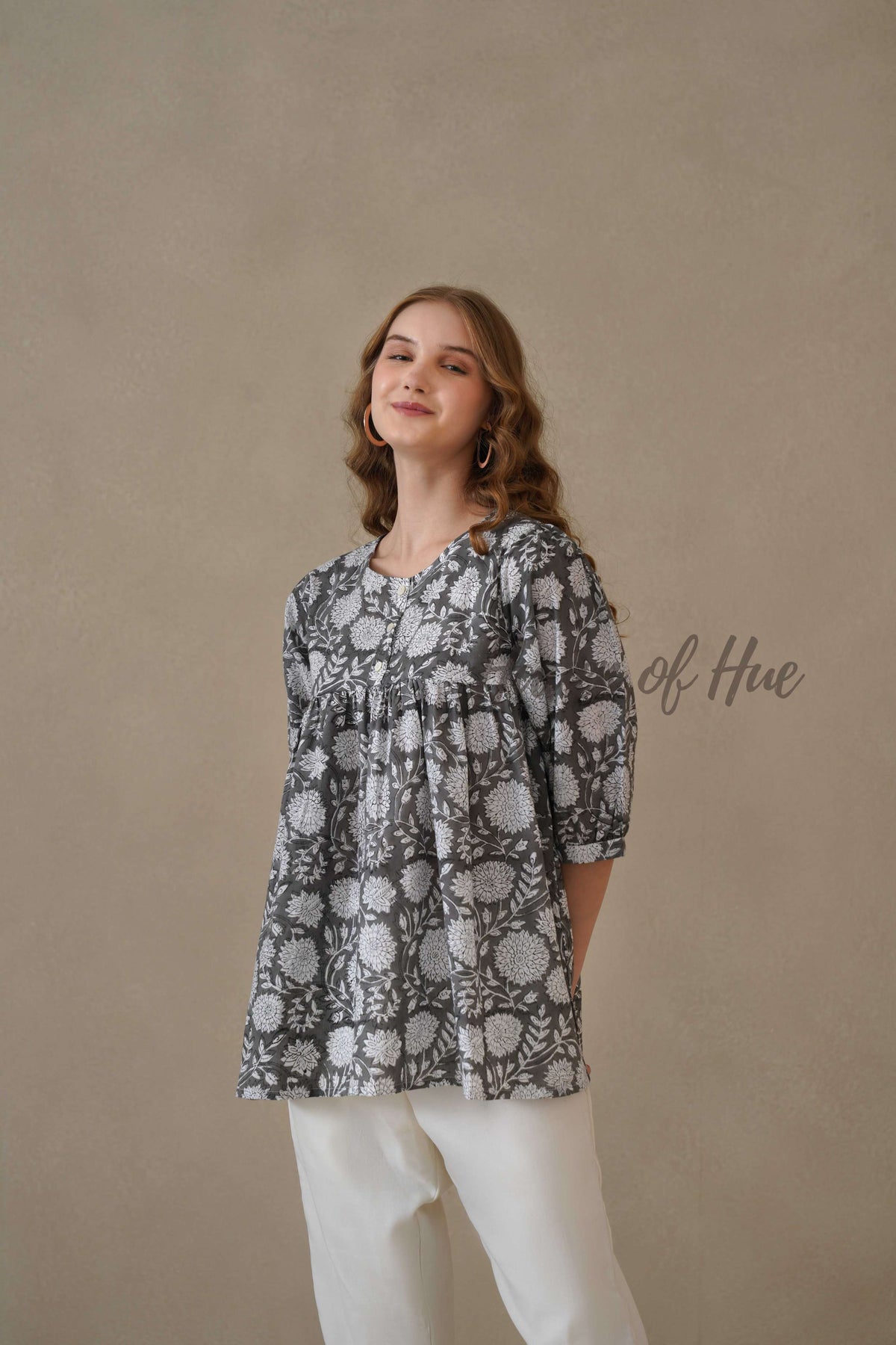 Women’s Gray Floral Hand Block Printed Cotton Relaxed Boho Blouse