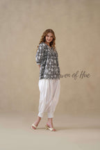 Women’s Gray Floral Hand Block Printed Cotton Boho Relaxed Top