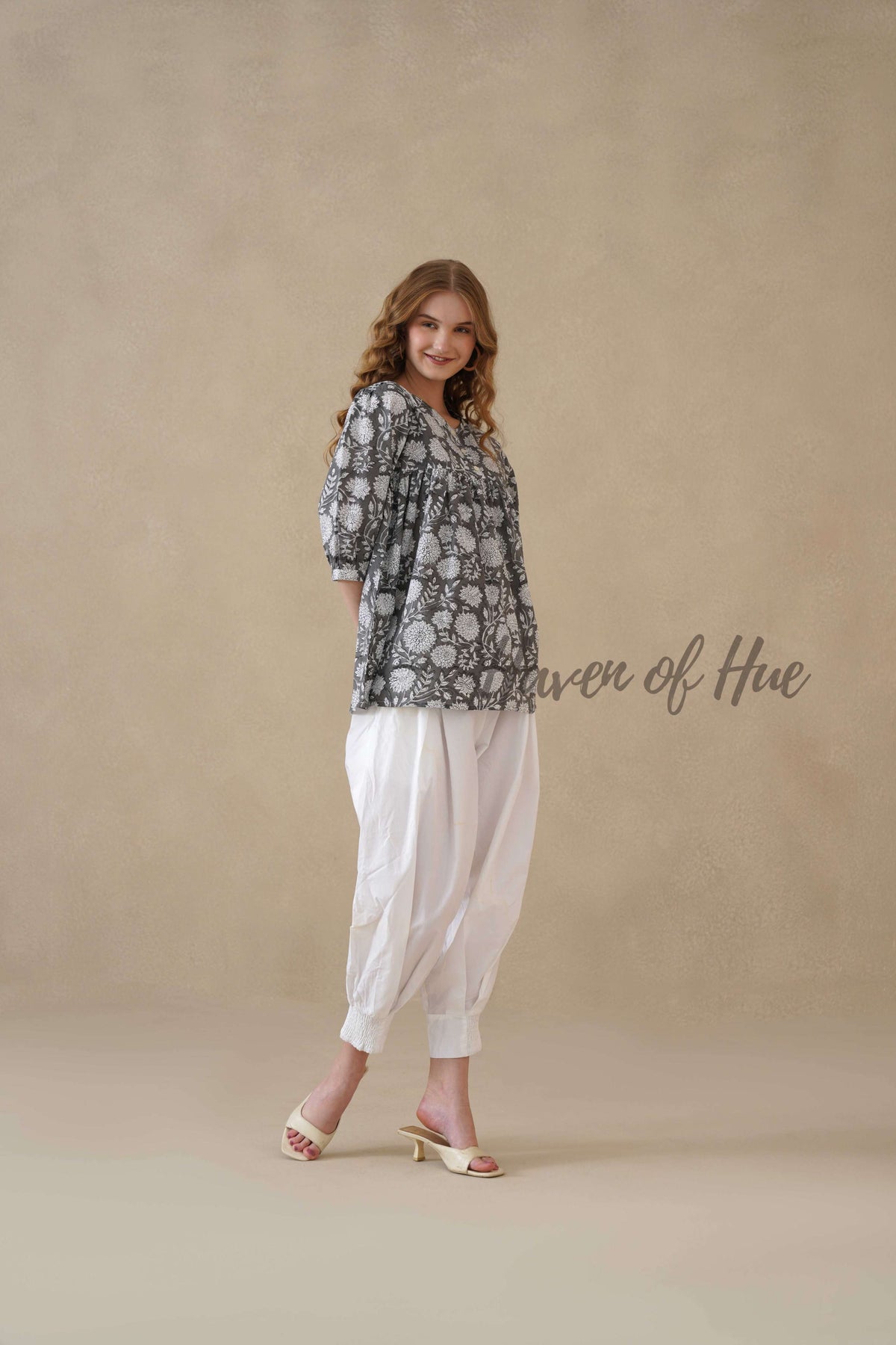 Women’s Gray Floral Hand Block Printed Cotton Boho Relaxed Top