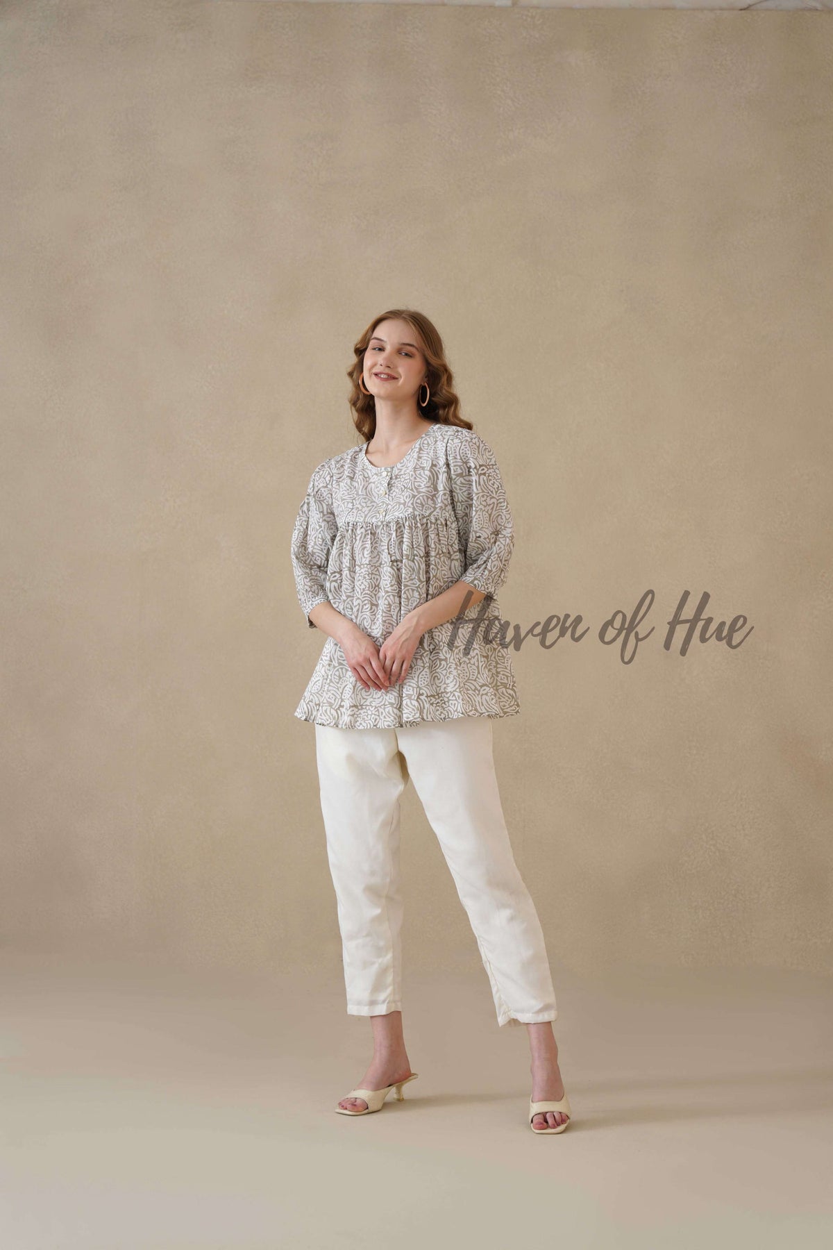 Women’s Gray Floral Hand Block Printed Cotton A-Line Boho Blouse