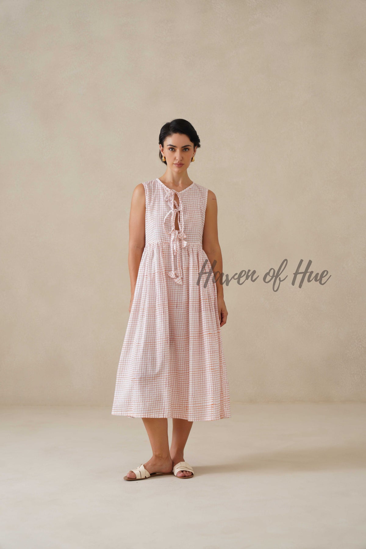 Check Cotton Midi Dress for Women, Orange Sleeveless Summer Sundress