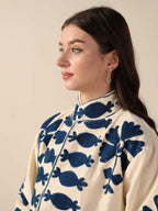 Women's Cream Suzani Velvet Jacket Navy Blue Embroidered Boho Minimalist Coat