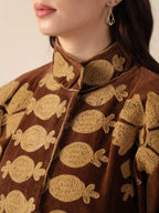 Women's Brown Suzani Velvet Jacket Gold Embroidered Boho Minimalist Fall Coat