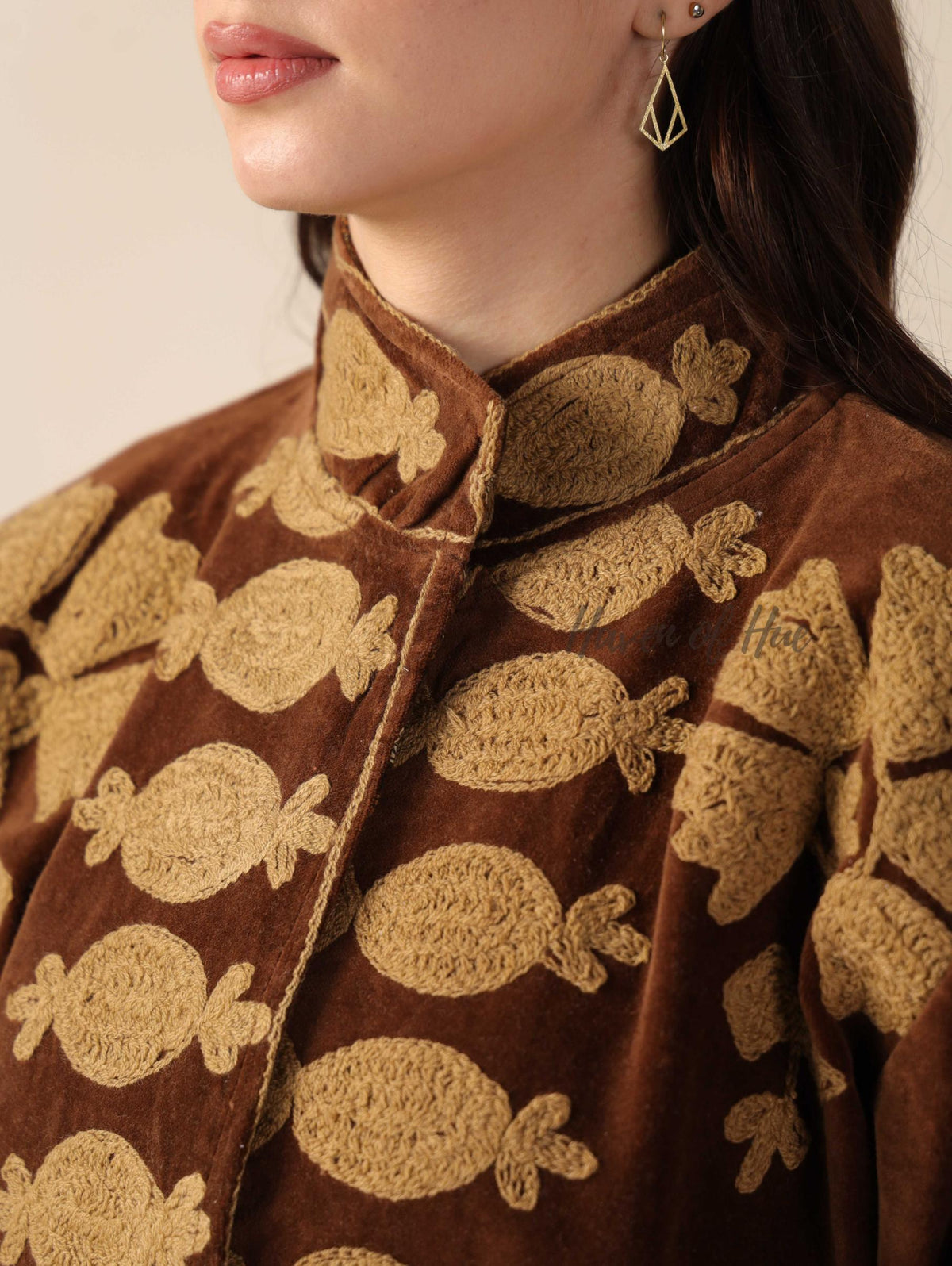 Women's Brown Suzani Velvet Jacket Gold Embroidered Boho Minimalist Fall Coat