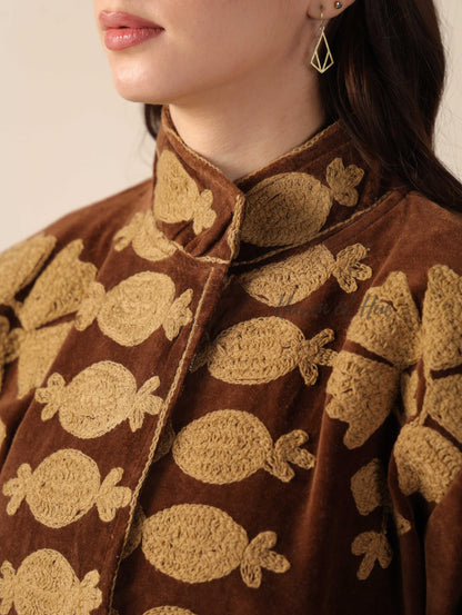 Women's Brown Suzani Velvet Jacket Gold Embroidered Boho Minimalist Fall Coat