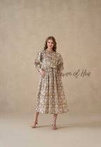 Brown Cotton Tiered Dress – Boho Floral Short Sleeve Midi