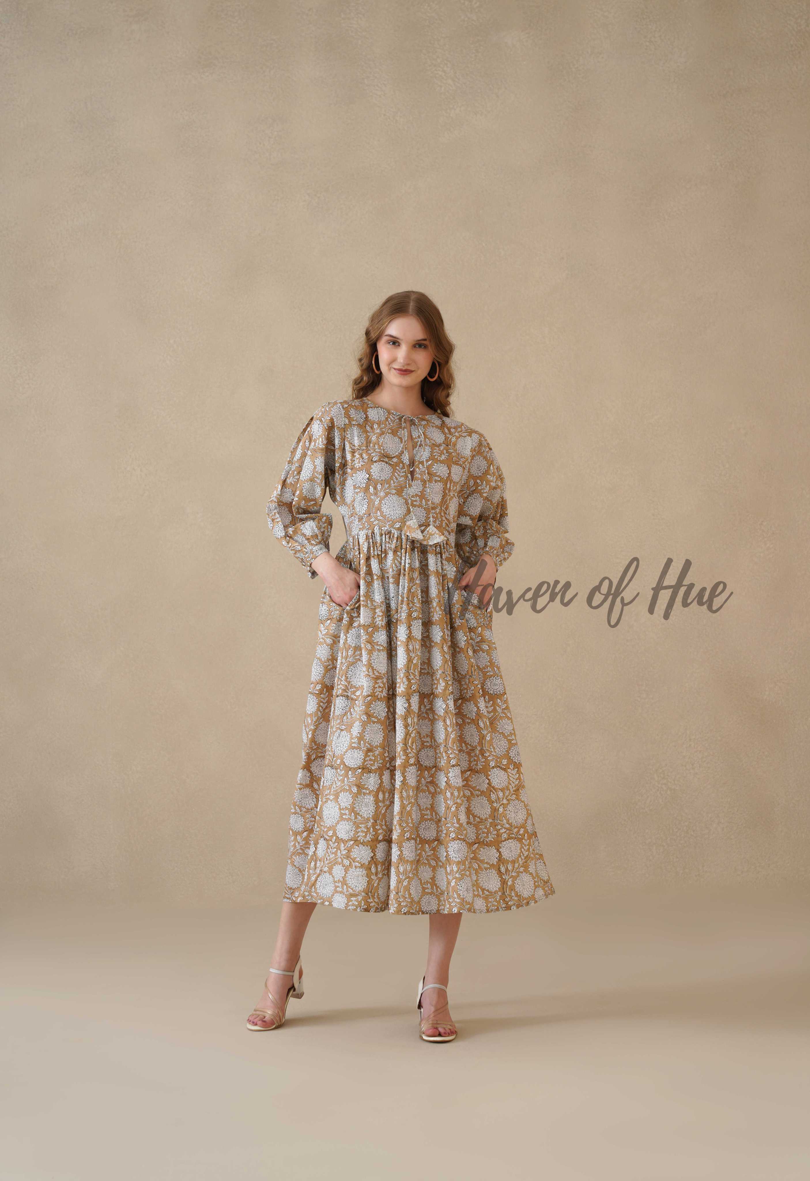 Brown Cotton Tiered Dress – Boho Floral Short Sleeve Midi