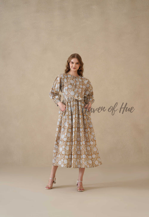 Brown Cotton Tiered Dress – Boho Floral Short Sleeve Midi