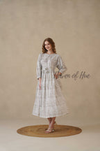 Grey Block Print Cotton Dress with Full Sleeves