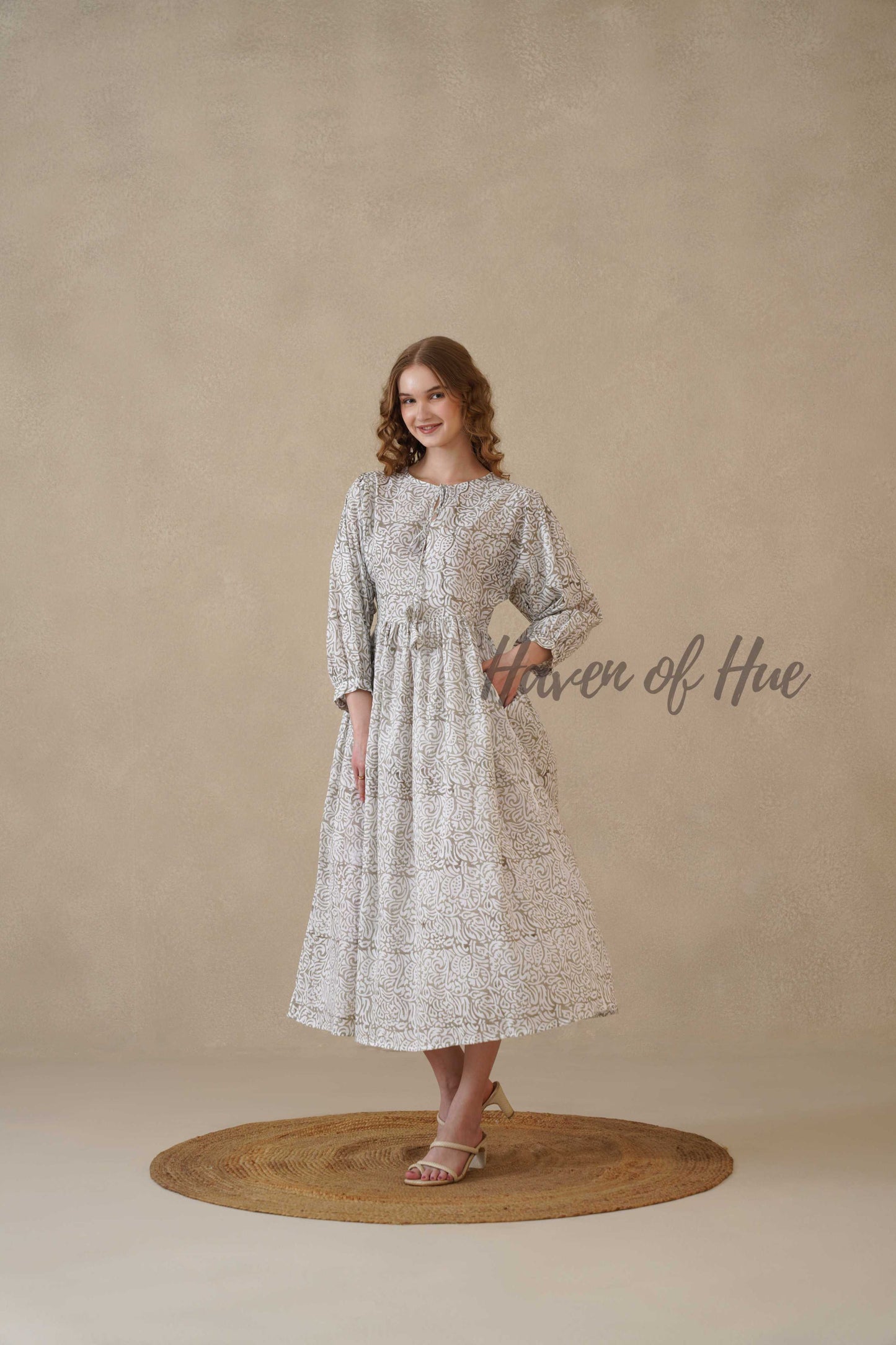 Grey Block Print Cotton Dress with Full Sleeves