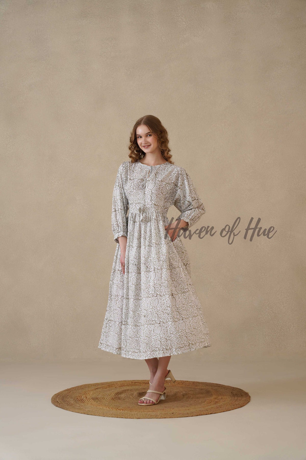 Grey Block Print Cotton Dress with Full Sleeves