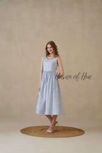 Blue Sleeveless Cotton Dress with White Floral Print