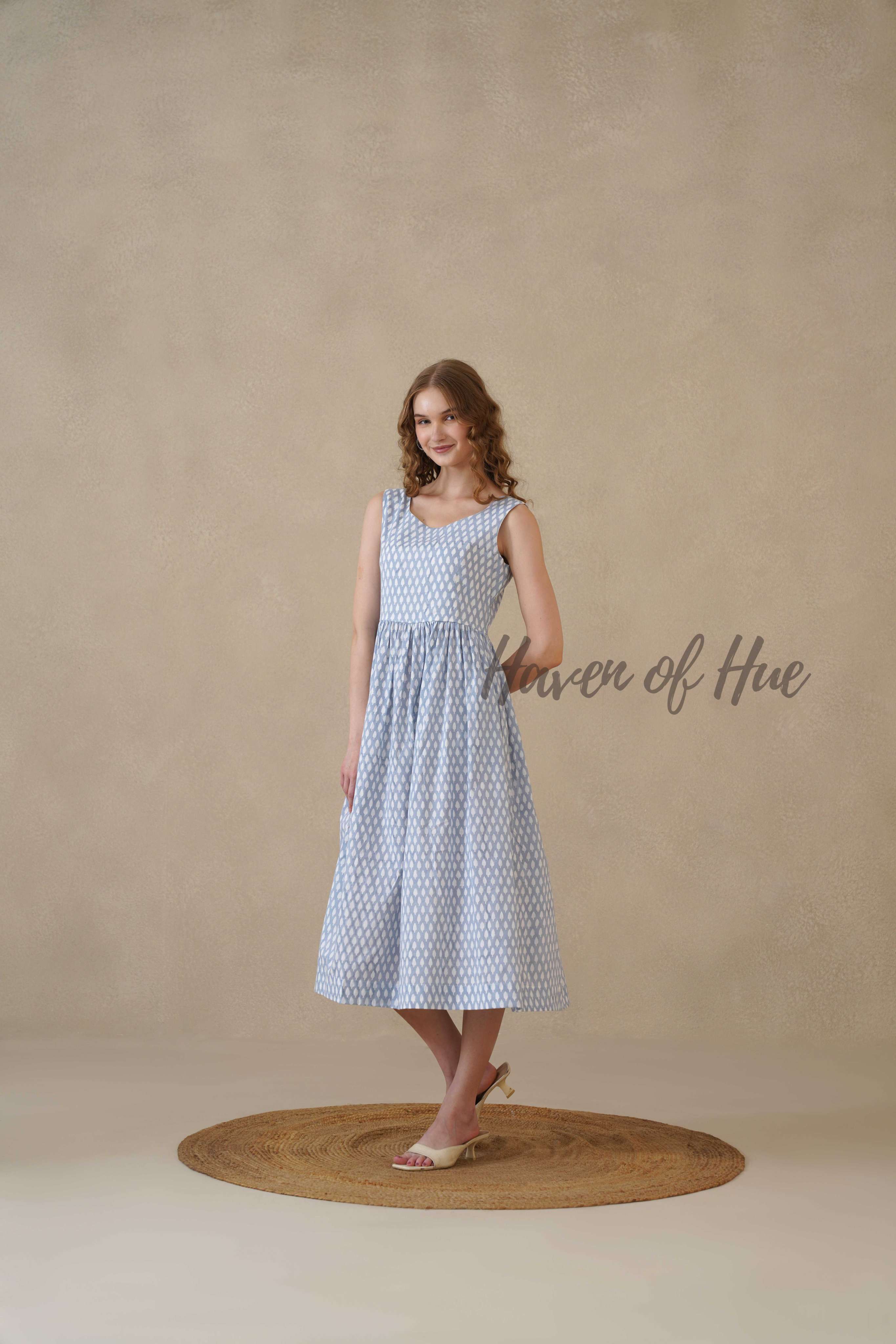 Blue Sleeveless Cotton Dress with White Floral Print