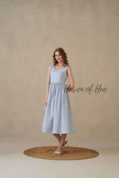 Blue Sleeveless Cotton Dress with White Floral Print