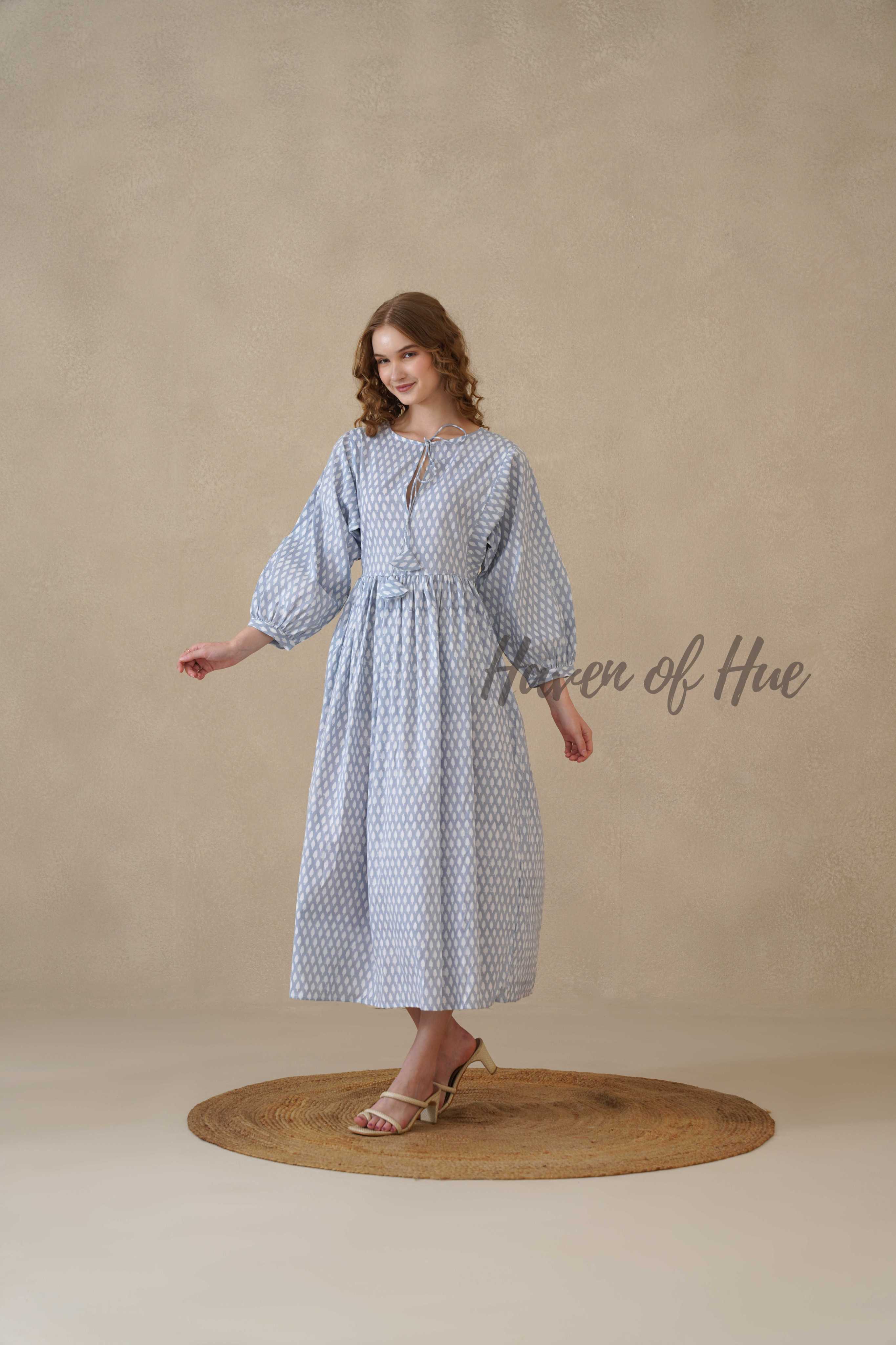 Blue Full Sleeve Cotton Dress with Geometric Print