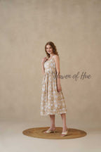 Brown Sleeveless Cotton Dress with White Floral Print