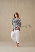 Women’s Gray Floral Hand Block Printed Cotton Boho Relaxed Top