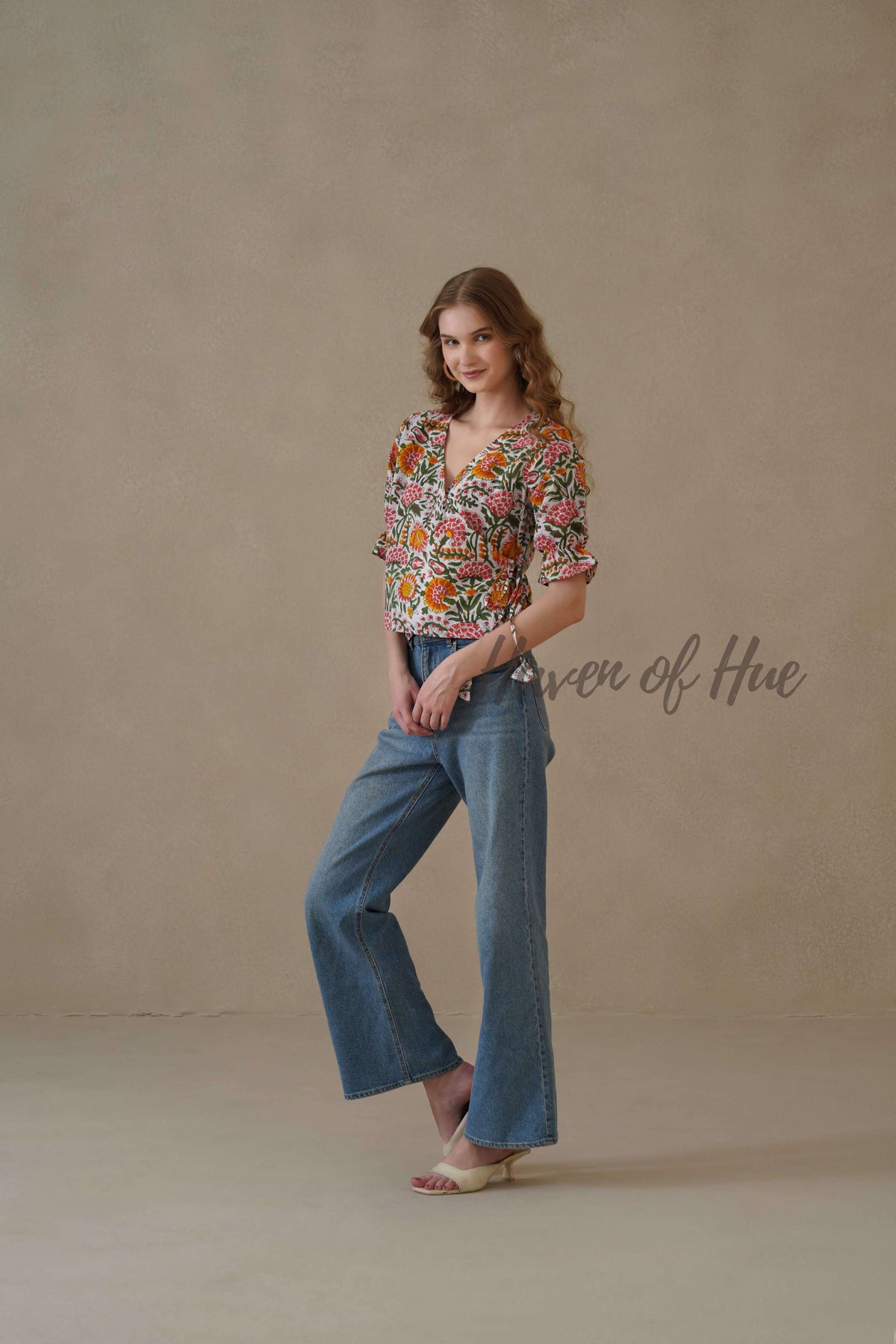 Women’s Multicolor Floral Cotton Wrap Blouse with Adjustable Tie Waist