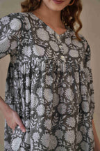 Women’s Gray Floral Hand Block Printed Cotton Relaxed Boho Blouse