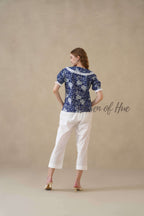 Women's Blue Floral Cotton Summer Top with Elegant Lace Collar