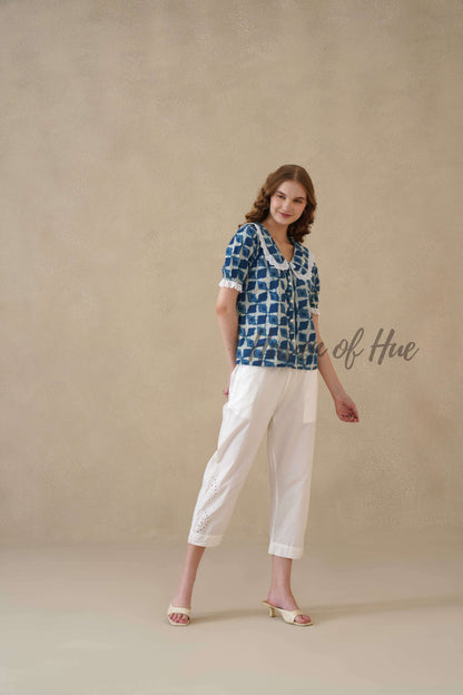 Women's Indigo Hand Block Printed Cotton Top with Lace Peter Pan Collar