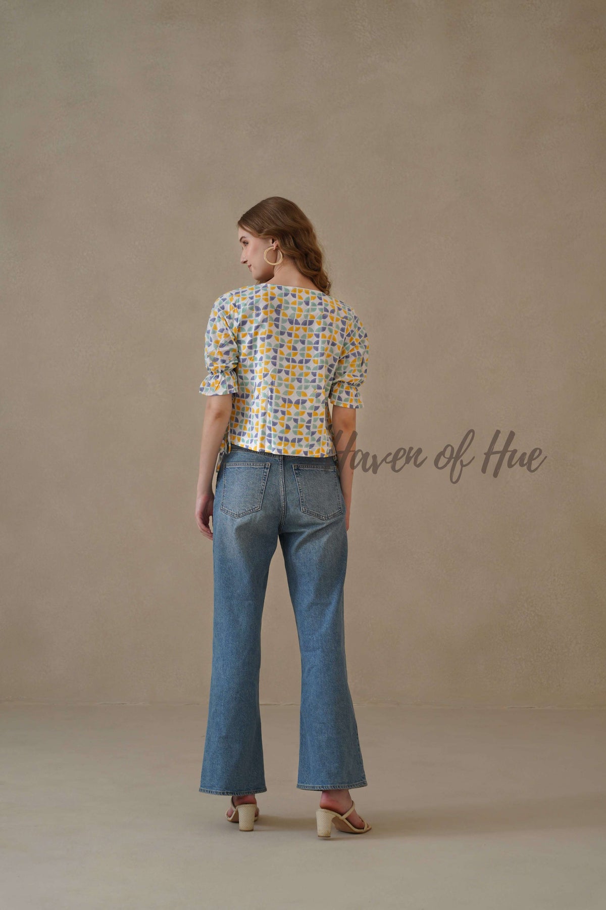 Women’s Multi-Color Block Printed Cotton Wrap Blouse with Tie Waist