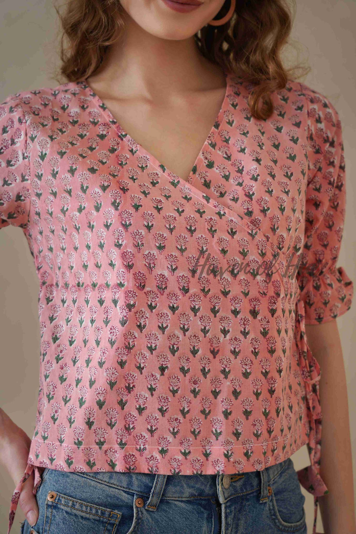 Women’s Pastel Pink Floral Cotton Wrap Blouse | Hand Block Printed Tie-Waist Top
