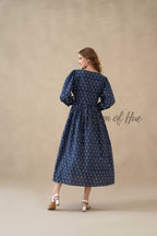 Blue Floral Cotton Midi Dress with Long Sleeves
