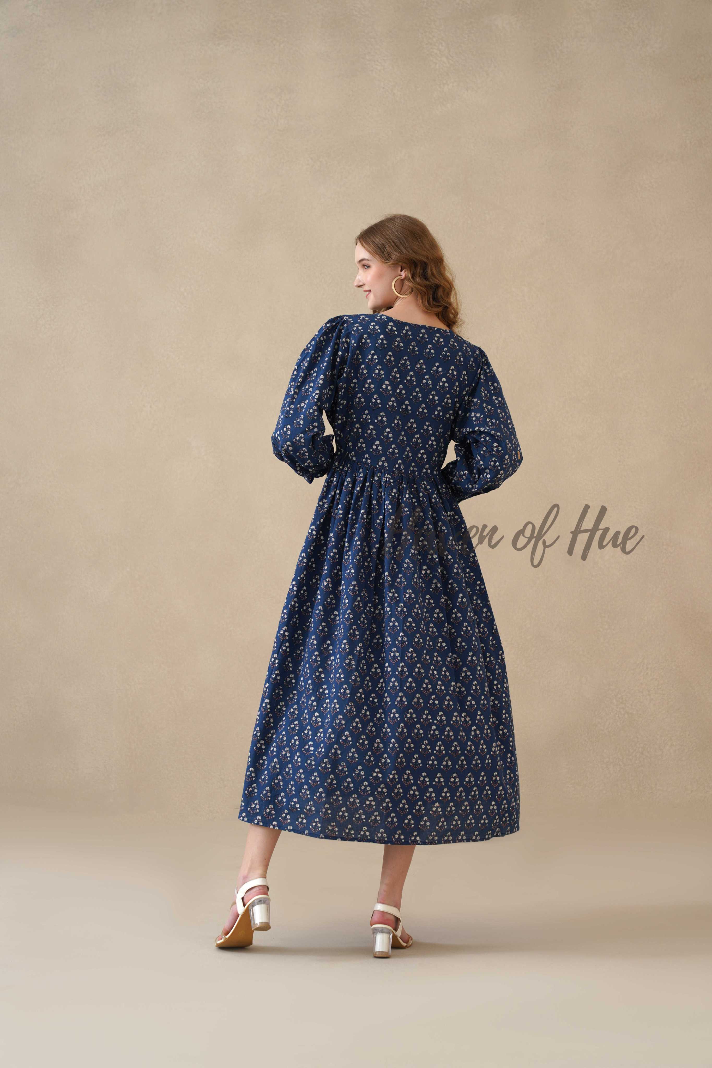 Blue Floral Cotton Midi Dress with Long Sleeves