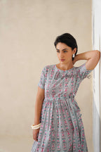 White Floral Striped Cotton Midi Dress - Teal Boho Summer Dress