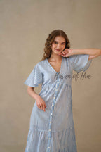 Blue Stripe Maxi Dress Cotton Flutter Sleeve Tiered