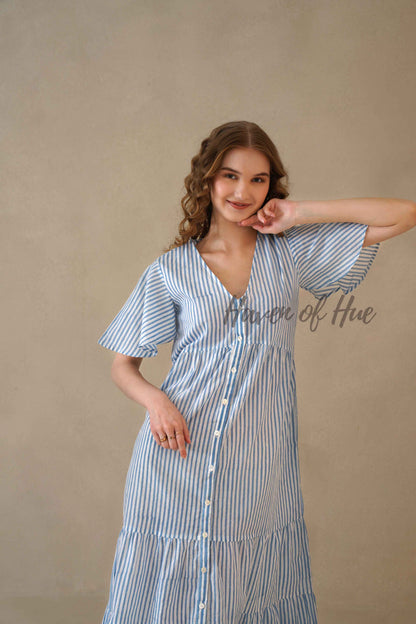 Blue Stripe Maxi Dress Cotton Flutter Sleeve Tiered