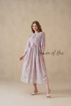 Multicolor Floral Cotton Midi Dress with Long Sleeves