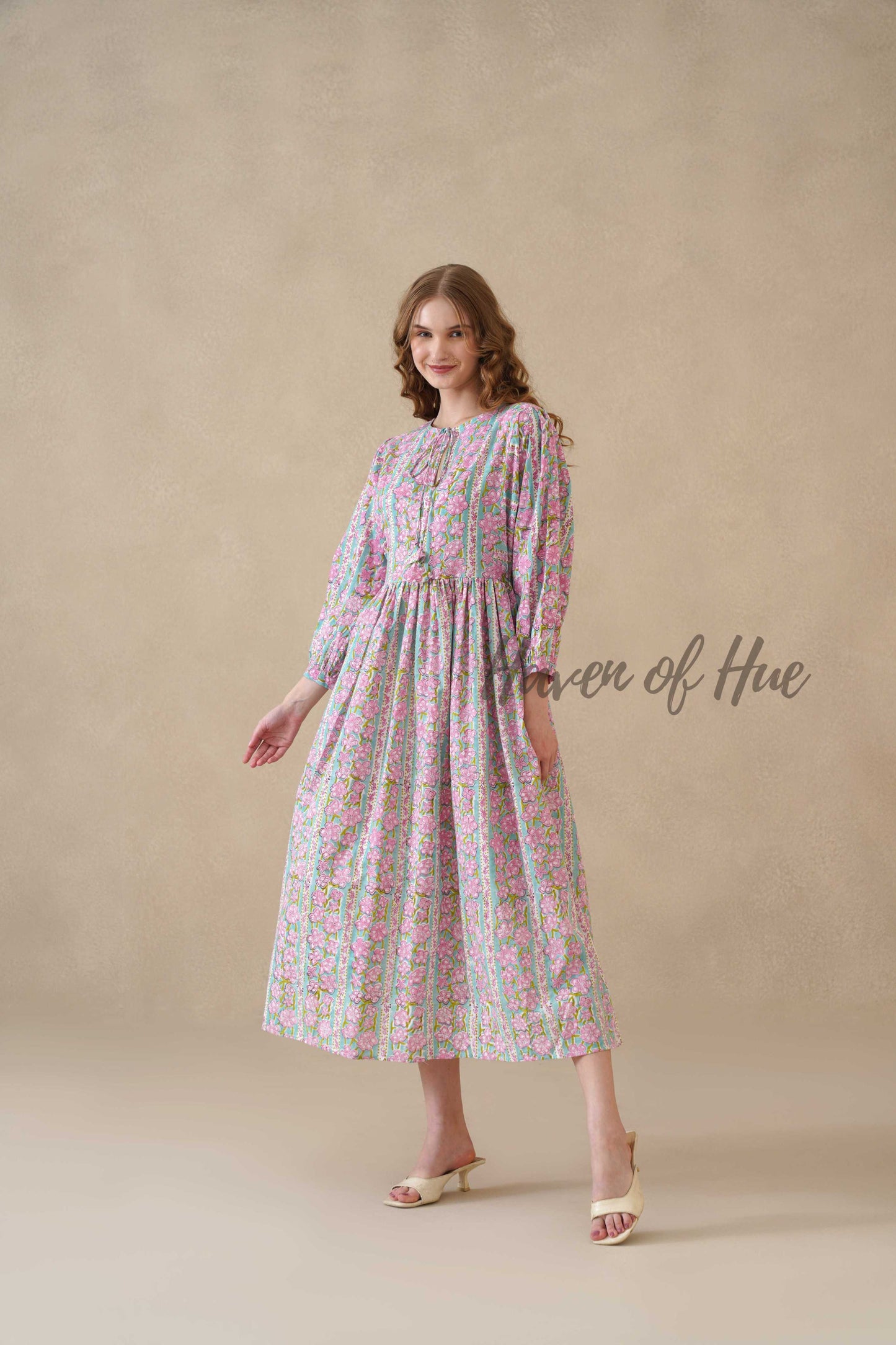 Multicolor Floral Cotton Midi Dress with Long Sleeves