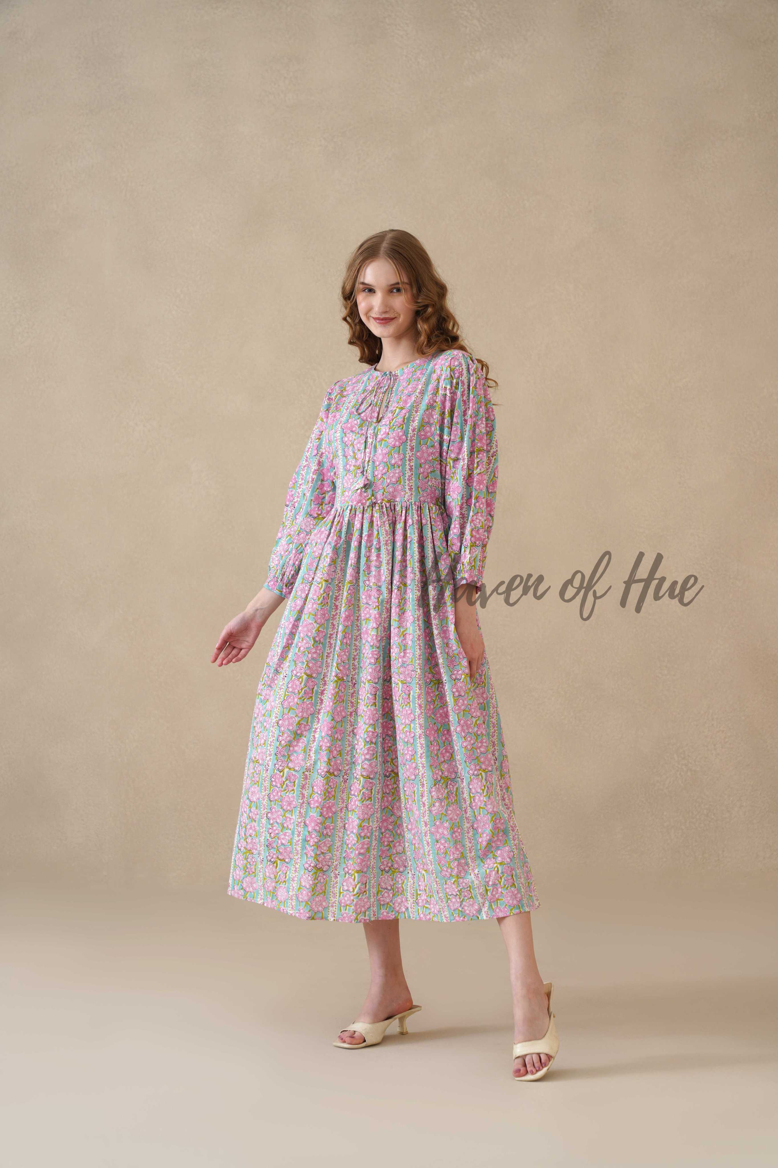 Multicolor Floral Cotton Midi Dress with Long Sleeves