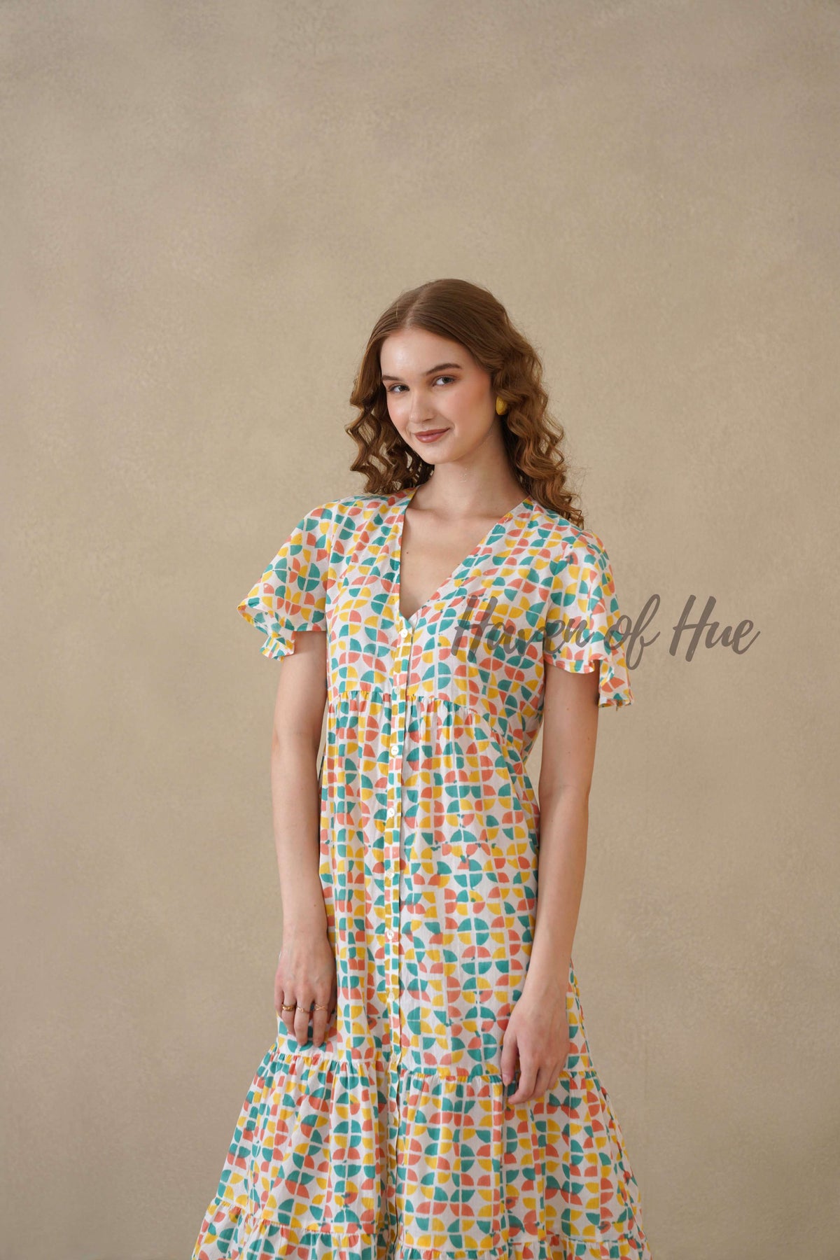 Multicolor Cotton Tiered Dress with Boho Geometric Print