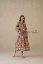 Multicolor Round Neck Cotton Dress with Full Sleeves