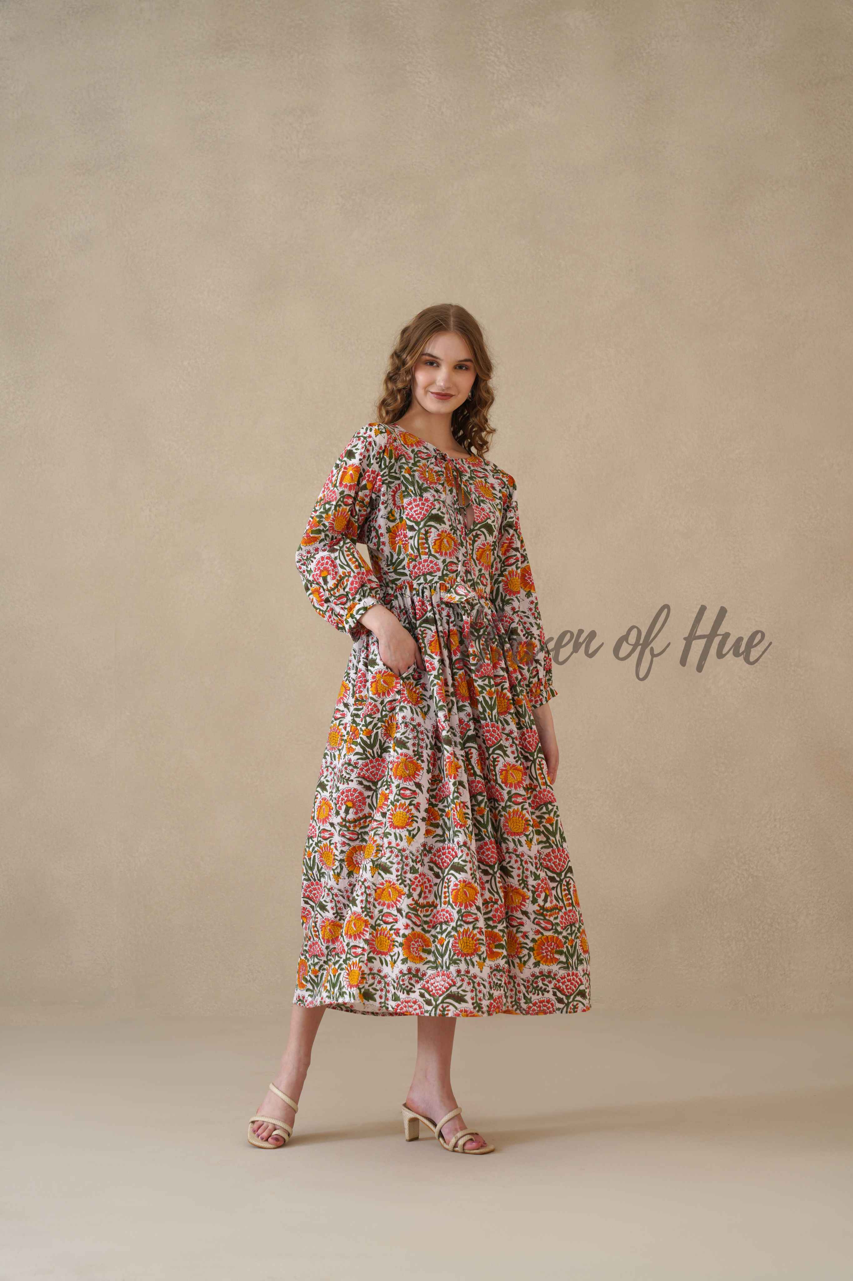 Multicolor Round Neck Cotton Dress with Full Sleeves