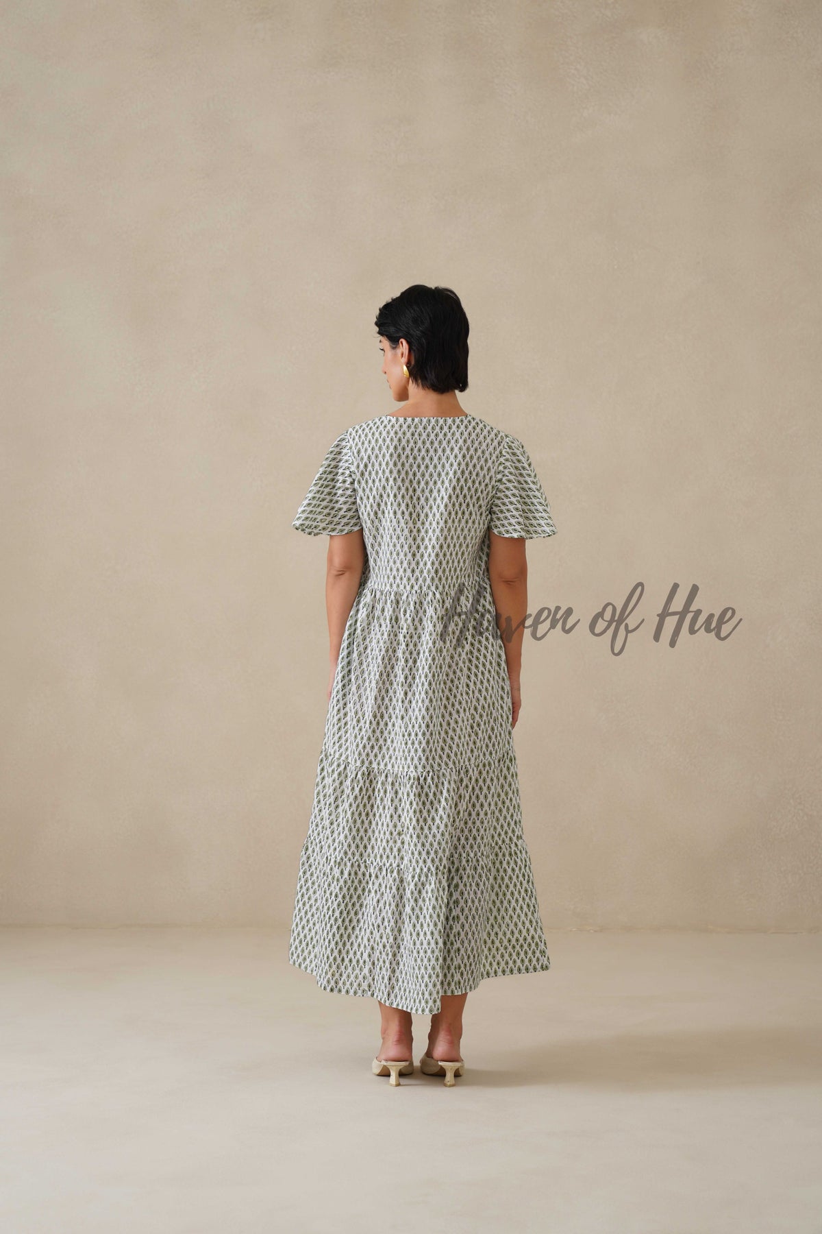 Sage Green Floral Block Print Cotton Midi Dress - Boho Summer Tiered