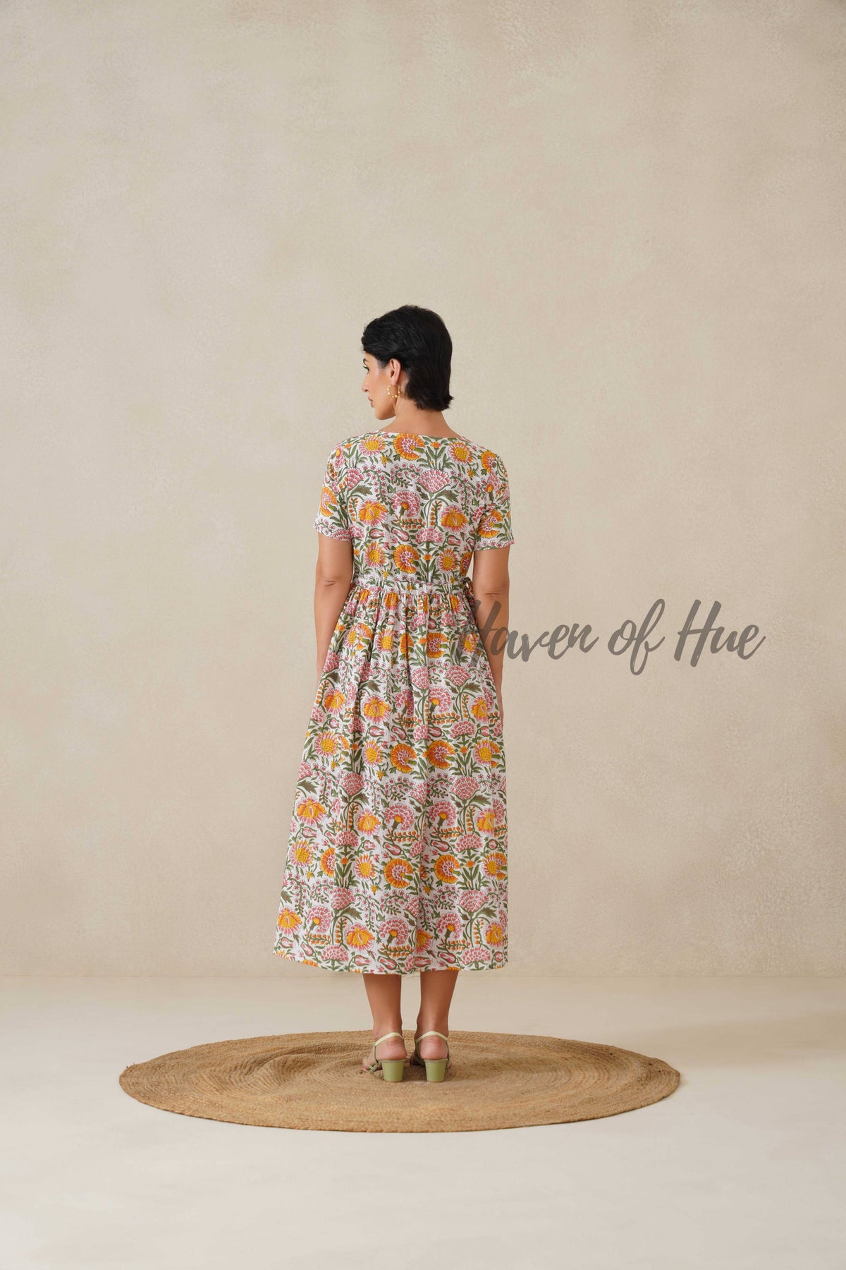 Multi Color Floral Cotton Midi Dress - Boho Short Sleeve Cottagecore Dress