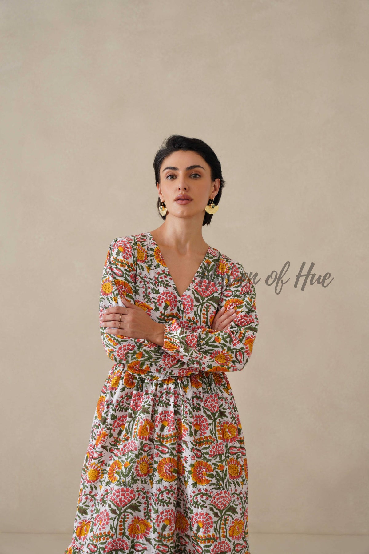 Cotton Midi Dress Summer Boho Floral Print, White and Orange Block Print Sundress