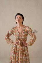 Cotton Midi Dress Summer Boho Floral Print, Rust Orange Block Print Sundress