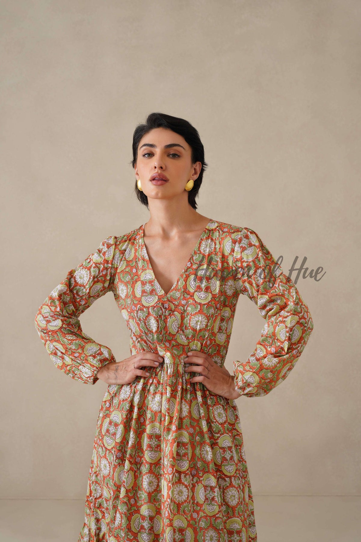 Cotton Midi Dress Summer Boho Floral Print, Rust Orange Block Print Sundress