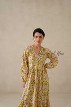 Cotton Midi Dress Summer Boho Floral Print, Yellow Block Print Sundress